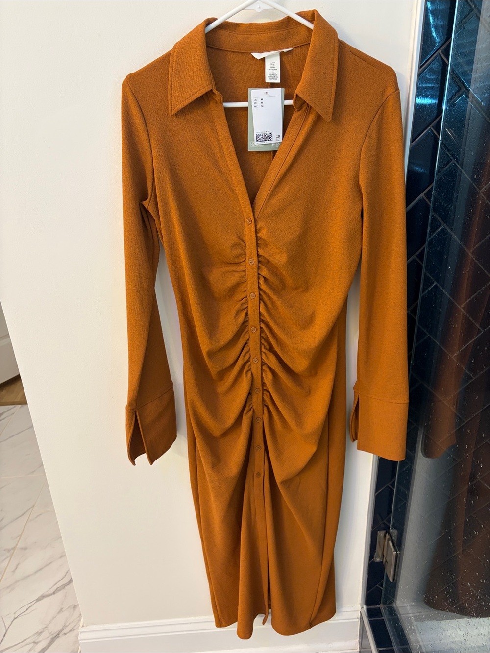 H&M Ruched Button-Front Long Sleeve Dress in Burnt Orange